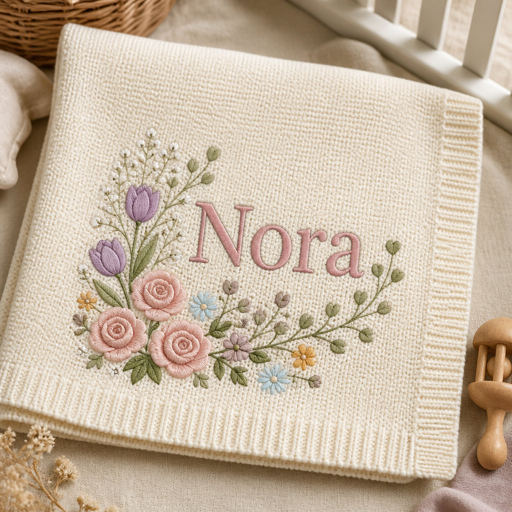 Personalized Baby Name Blanket Floral Garden Knit Cotton Gift Embroidered Baby Blanket — Cream blanket