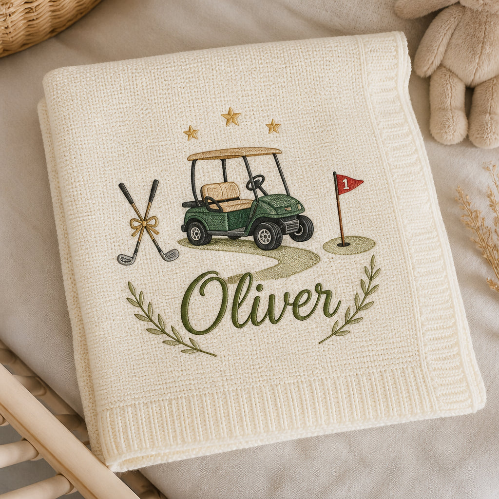 Personalized Golf Course Baby Knit Blanket Newborn Keepsake Gift Embroidered Baby Blanket — Cream blanket