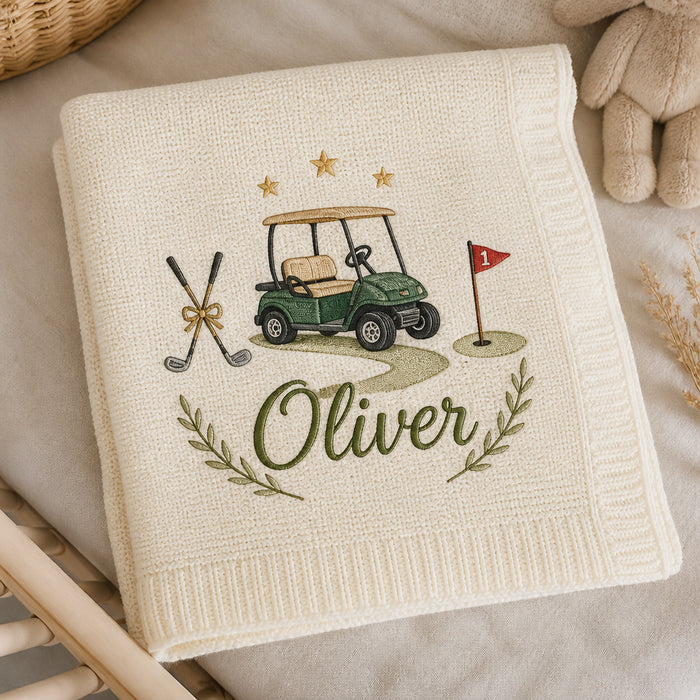 Personalized Golf Course Baby Knit Blanket Newborn Keepsake Gift Embroidered Baby Blanket