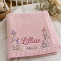 Personalized Knit Baby Blanket Name Floral Corner Embroidered Baby Blanket — Pink blanket