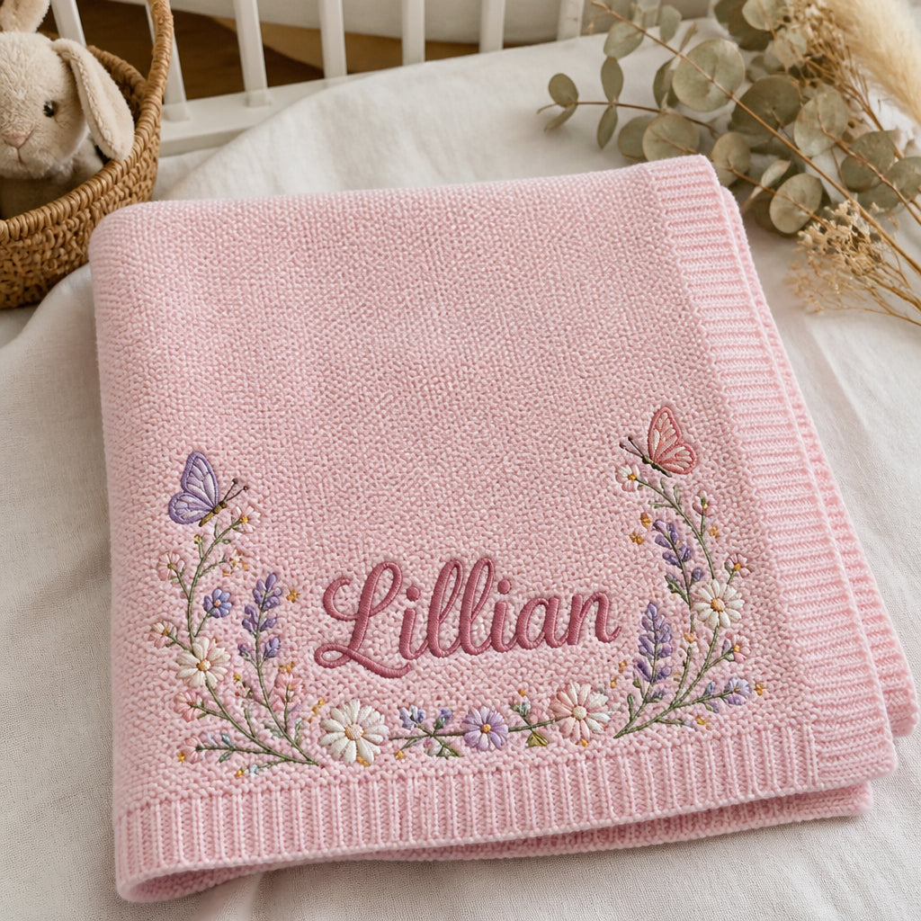 Personalized Knit Baby Blanket Name Floral Corner Embroidered Baby Blanket — Pink blanket