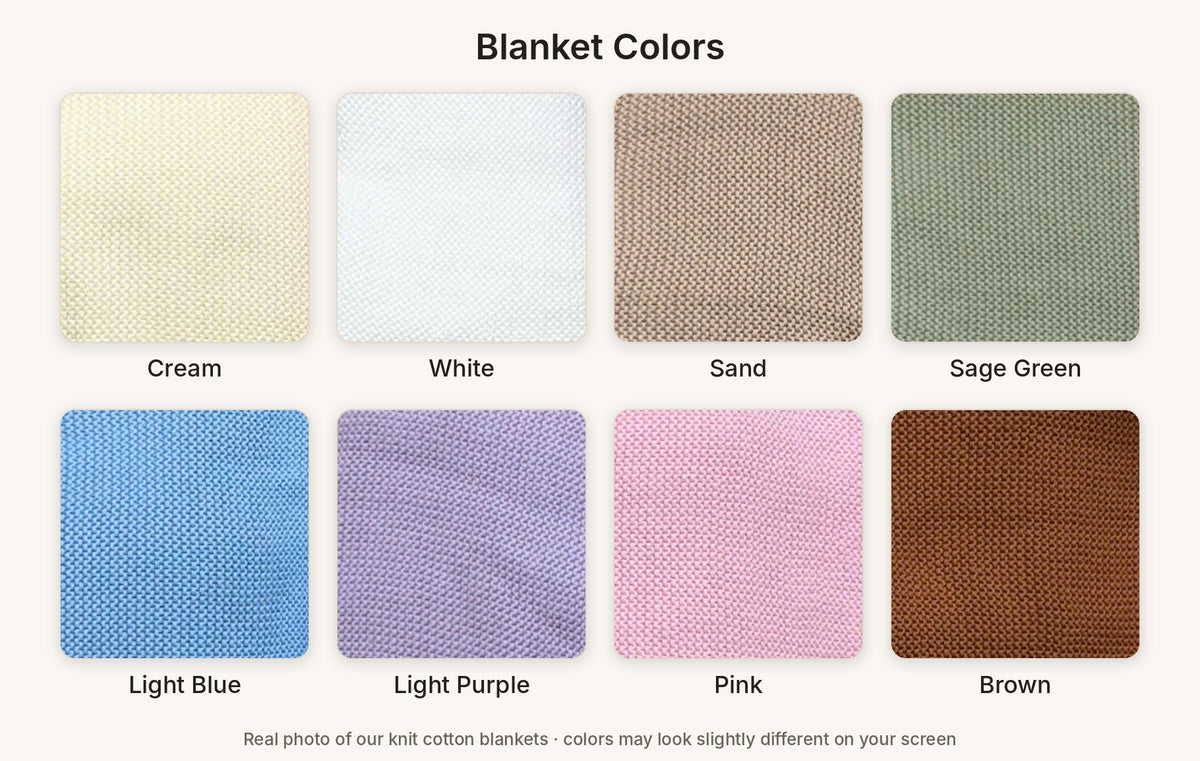 Baby blanket color options: Cream, White, Sand, Sage Green, Light Blue, Light Purple, Pink, Brown