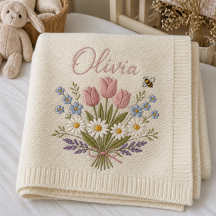 Personalized Baby Knit Blanket Wildflower Bouquet Newborn Gift Embroidered Baby Blanket