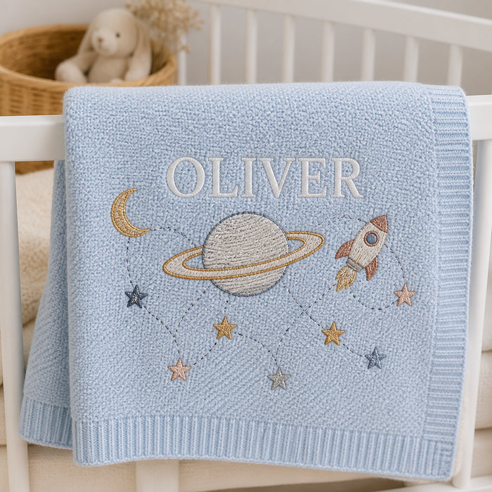 Personalized Space Explorer Baby Knit Blanket with Name Embroidered Baby Blanket