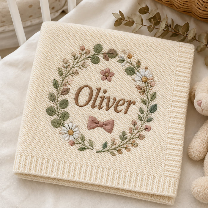 Personalized Baby Name Wreath Knit Cotton Blanket Newborn Gift Embroidered Baby Blanket