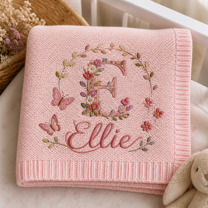 Personalized Floral Garden Baby Name Knit Cotton Blanket Gift Embroidered Baby Blanket