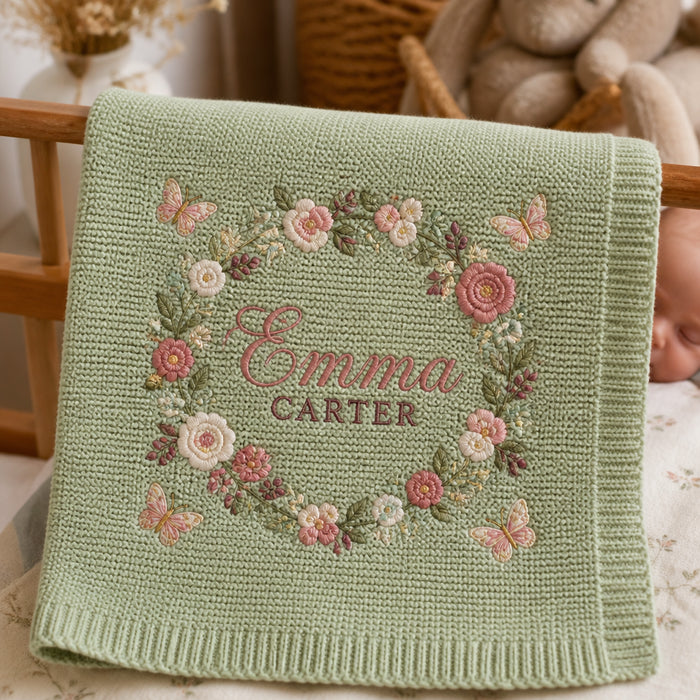 Personalized Baby Blanket Name Floral Wreath Newborn Gift Embroidered Baby Blanket