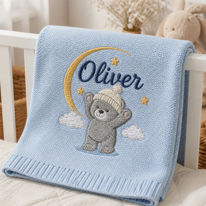 Personalized Baby Blanket Bear Star Moon Nursery Gift Embroidered Baby Blanket
