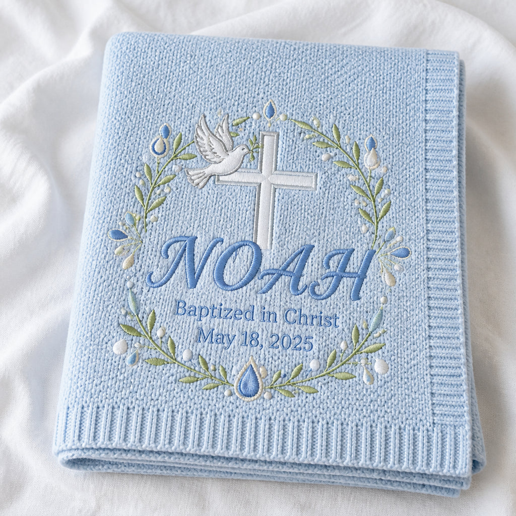 Personalized Baptism Embroidered Baby Blanket — Light Blue blanket