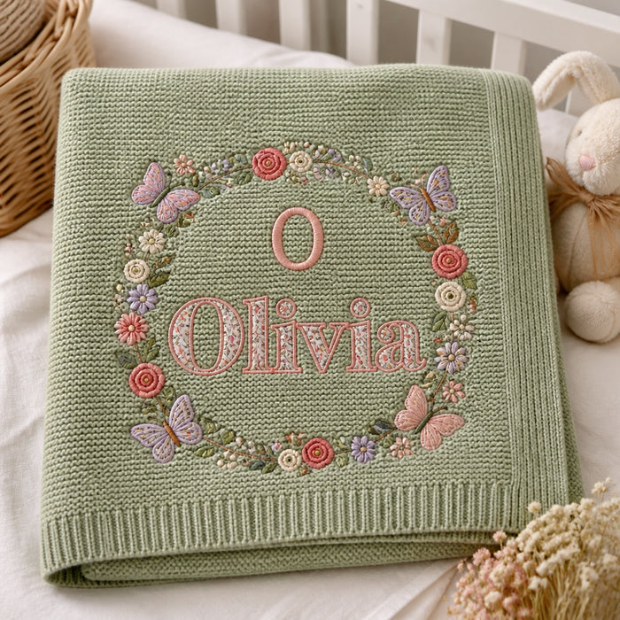 Personalized Floral Wreath Initial Embroidered Baby Blanket