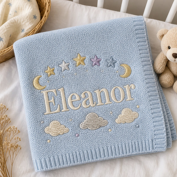 Personalized Stars Moon Embroidered Baby Blanket — Light Blue blanket