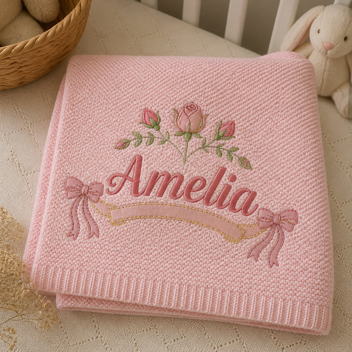 Personalized Bow Floral Embroidered Baby Blanket