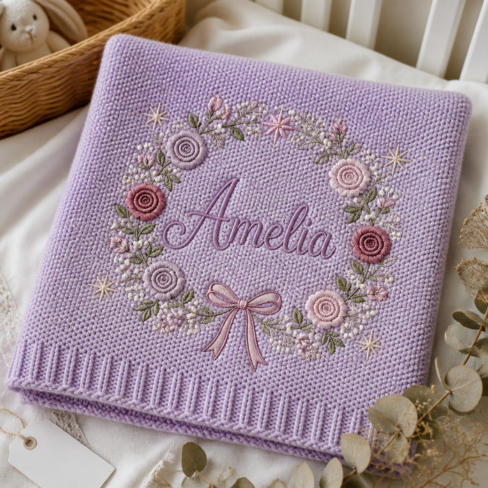 Personalized Floral Wreath Bow Embroidered Baby Blanket