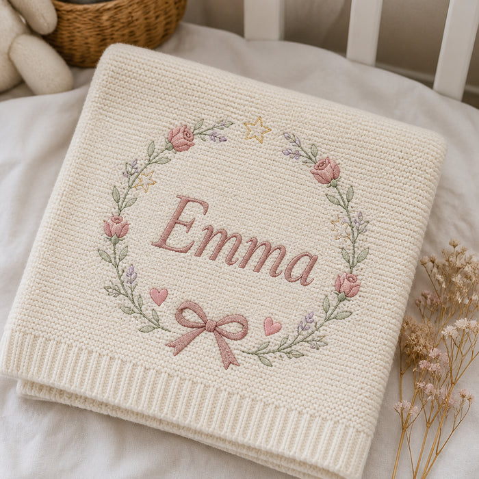 Personalized Heart Bow Wreath Embroidered Baby Blanket