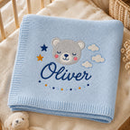 Personalized Bear Stars Embroidered Baby Blanket — Light Blue blanket