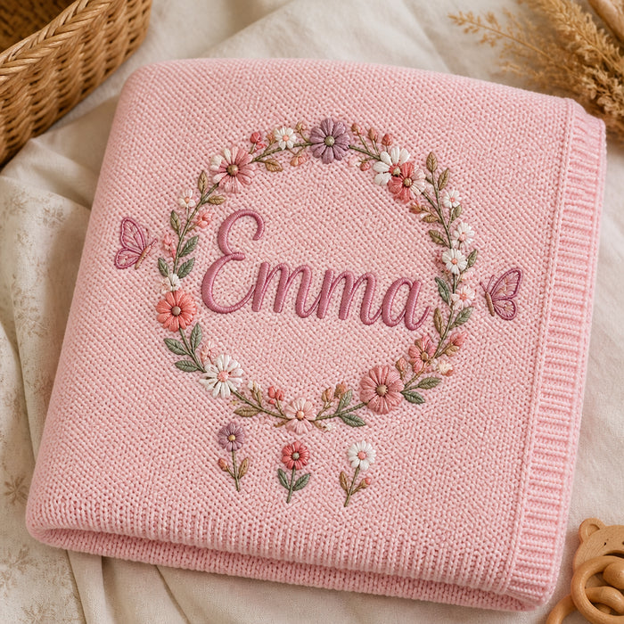 Personalized Floral Wreath Embroidered Baby Blanket