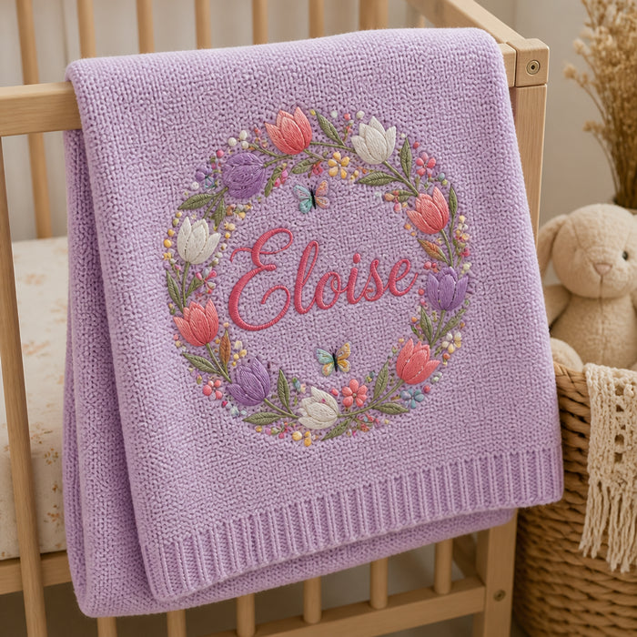 Personalized Tulip Garden Wreath Embroidered Baby Blanket
