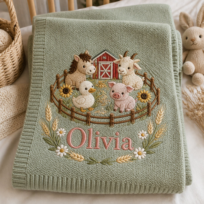 Personalized Farm Animals Embroidered Baby Blanket
