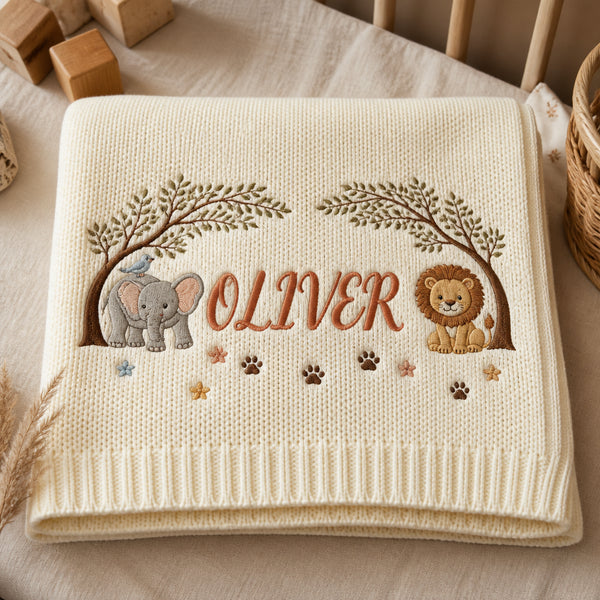 Personalized Safari Animals Embroidered Baby Blanket — Cream blanket