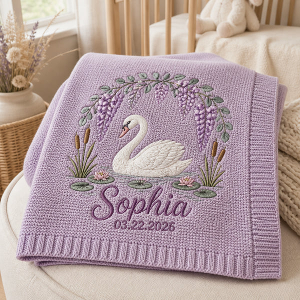 Personalized Swan Lily Wreath Embroidered Baby Blanket — Light Purple blanket