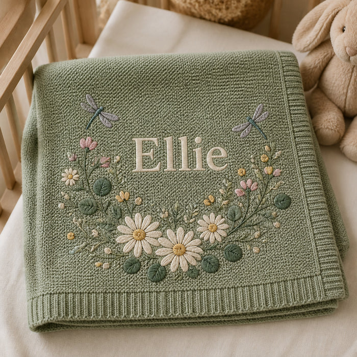 Personalized Daisy Garden Dragonfly Dewdrops Embroidered Baby Blanket