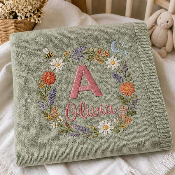 Personalized Wildflower Garden Initial Embroidered Baby Blanket — Sage Green blanket