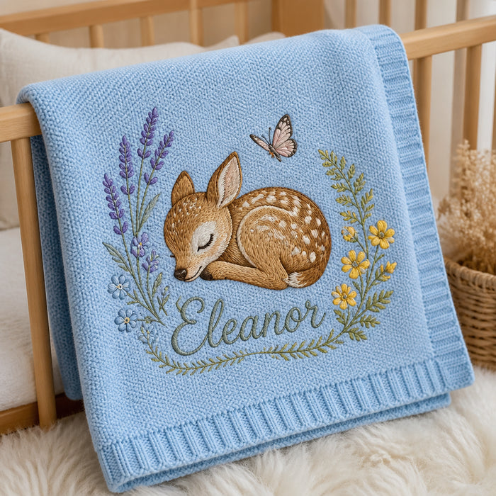 Personalized Sleeping Fawn Wildflower Scene Embroidered Baby Blanket