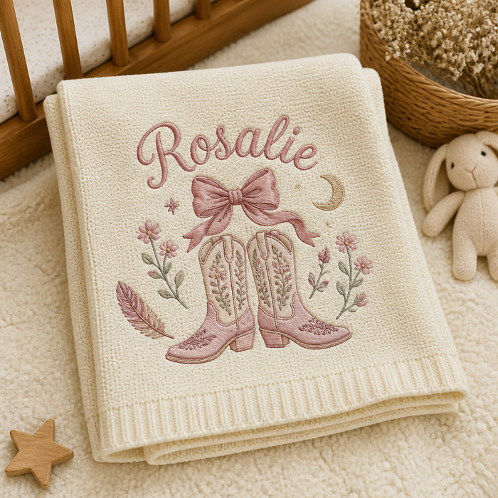 Personalized Western Cowgirl Boots Embroidered Baby Blanket