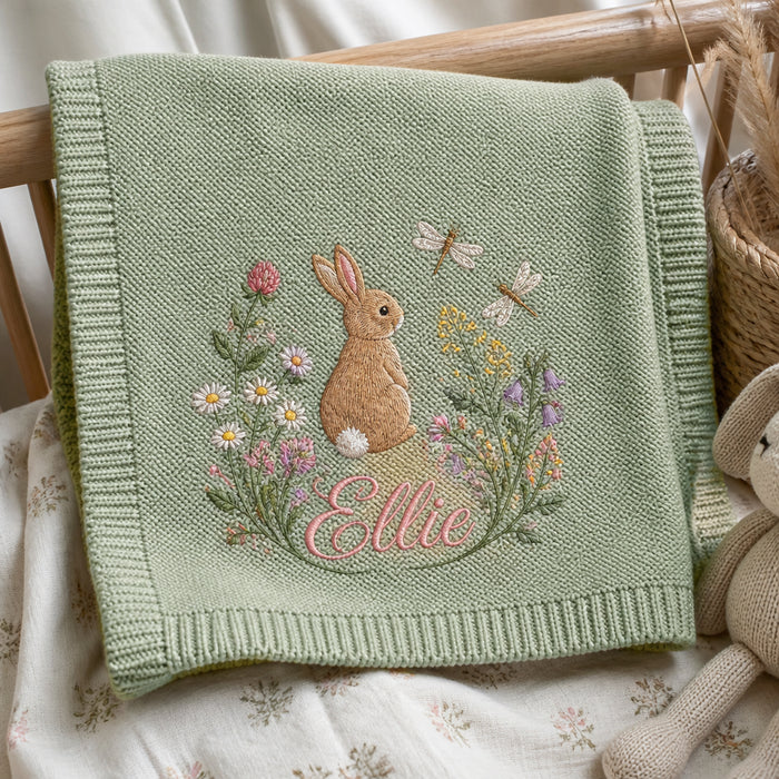Personalized Forest Bunny Wildflower Embroidered Baby Blanket