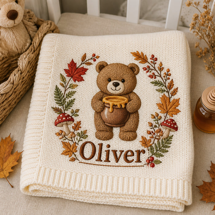 Personalized Woodland Bear Honey Pot Embroidered Baby Blanket