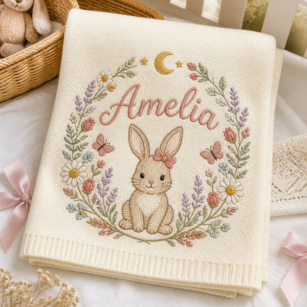Personalized Bunny Garden Wreath Embroidered Baby Blanket — Cream blanket