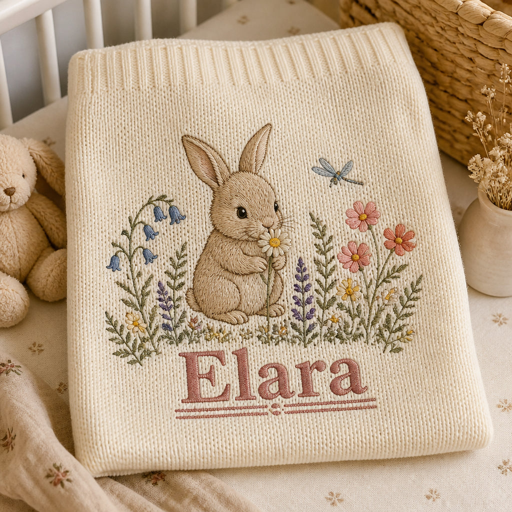 Personalized Bunny Meadow Embroidered Baby Blanket — Cream blanket
