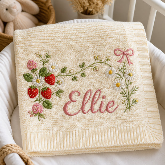 Personalized Strawberry Wildflower Garden Embroidered Baby Blanket