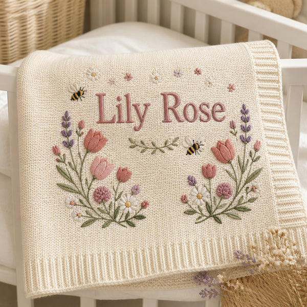 Personalized Wildflower Garden Embroidered Baby Blanket — Cream blanket