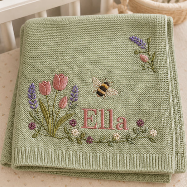 Personalized Tulip Lavender Garden Embroidered Baby Blanket — Sage Green blanket