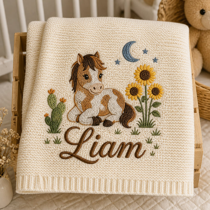 Personalized Western Pinto Pony Prairie Wildflower Embroidered Baby Blanket