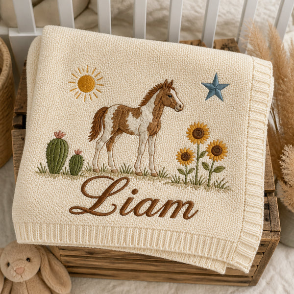 Personalized Western Foal Lone Star Embroidered Baby Blanket — Cream blanket