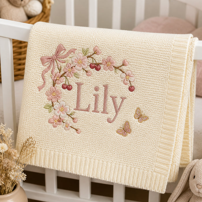 Personalized Cherry Blossom Bow Embroidered Baby Blanket
