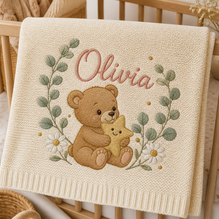 Personalized Bear Eucalyptus Garden Embroidered Baby Blanket