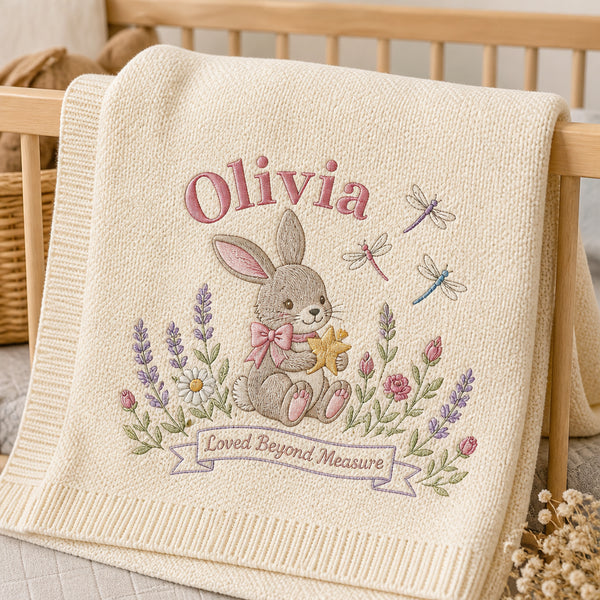 Personalized Bunny Floral Embroidered Baby Blanket — Cream blanket