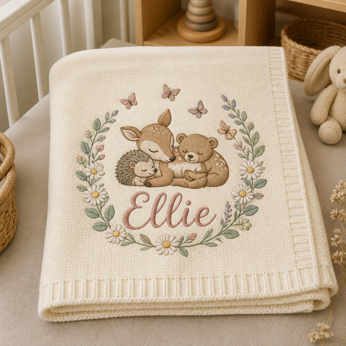 Personalized Sleeping Forest Animals Floral Wreath Embroidered Baby Blanket