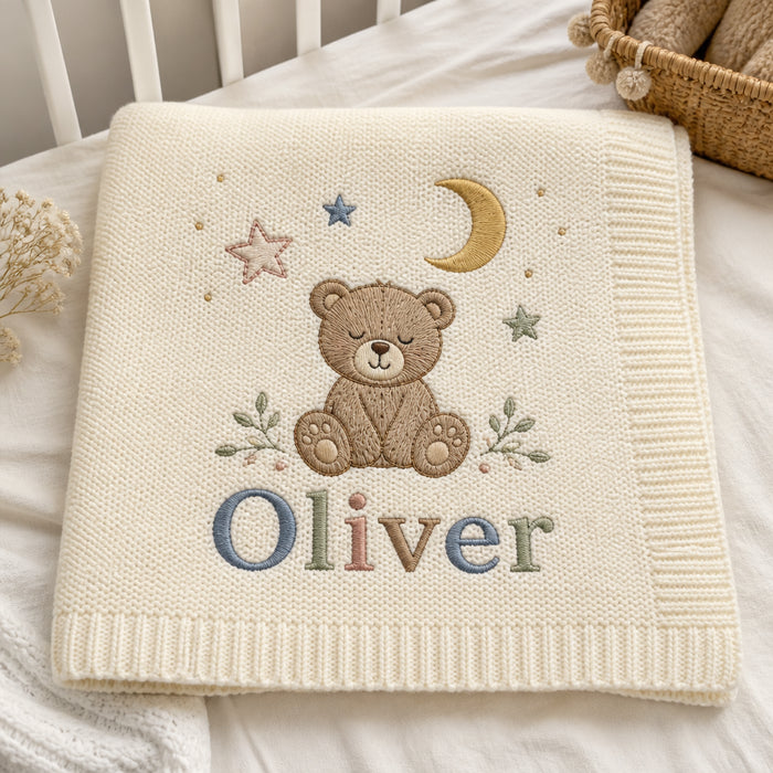 Personalized Moon Stars Bear Embroidered Baby Blanket