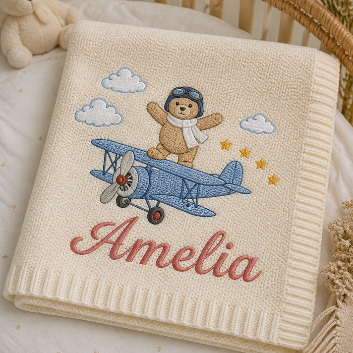 Personalized Adventure Bear Pilot Embroidered Baby Blanket