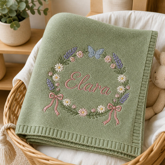 Personalized Wildflower Wreath Cottagecore Embroidered Baby Blanket