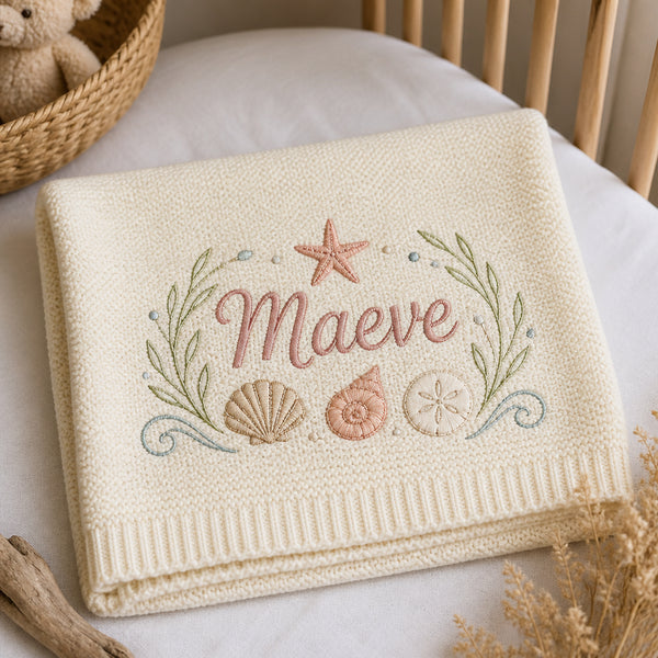 Personalized Ocean Coastal Seashell Embroidered Baby Blanket — Cream blanket