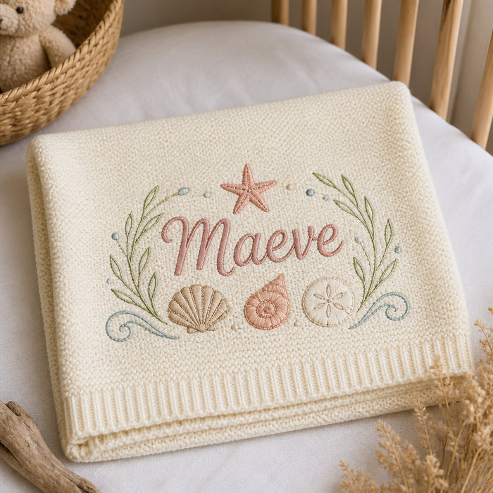 Personalized Ocean Coastal Seashell Embroidered Baby Blanket