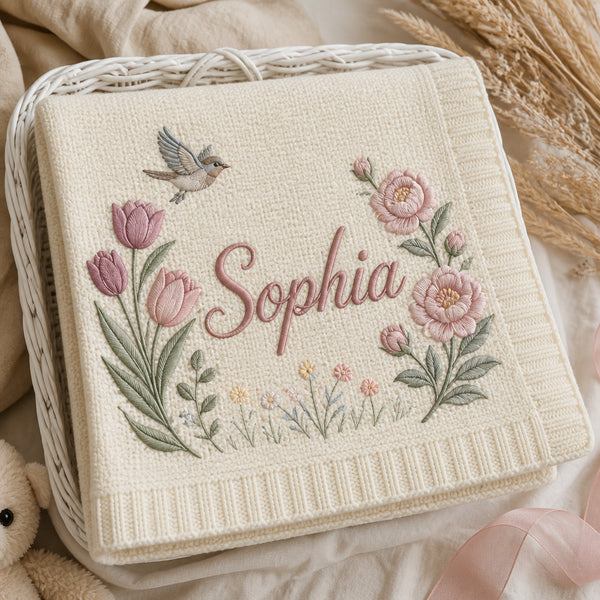 Personalized Tulip Garden Embroidered Baby Blanket — Cream blanket
