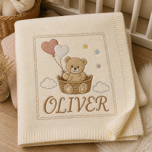 Personalized Bear Balloon Ride Embroidered Baby Blanket — Cream blanket