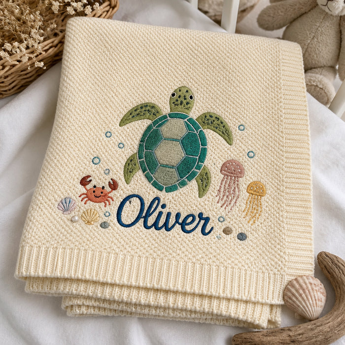 Personalized Sea Turtle Ocean Adventure Embroidered Baby Blanket