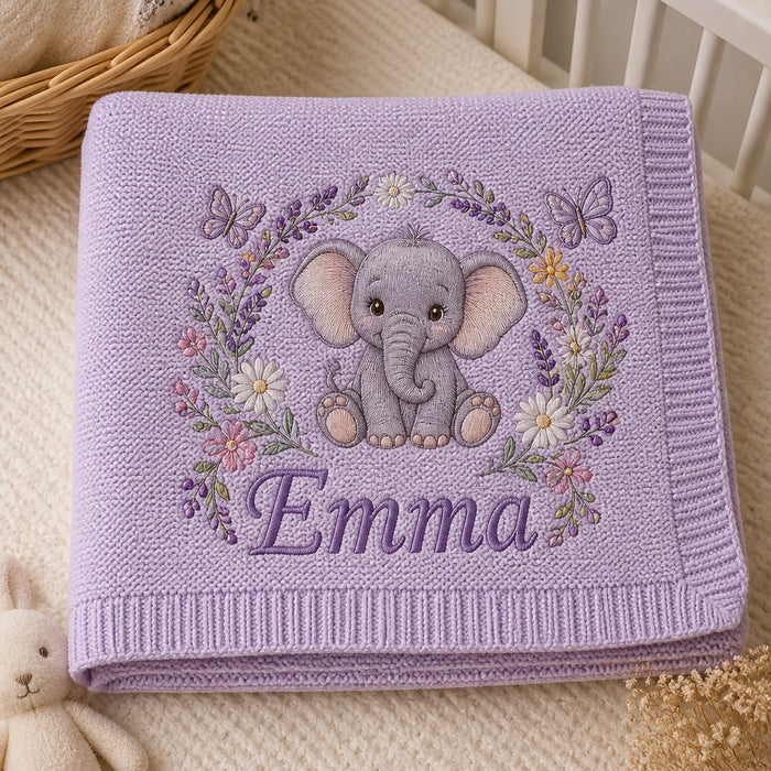 Personalized Elephant Botanical Wildflower Embroidered Baby Blanket